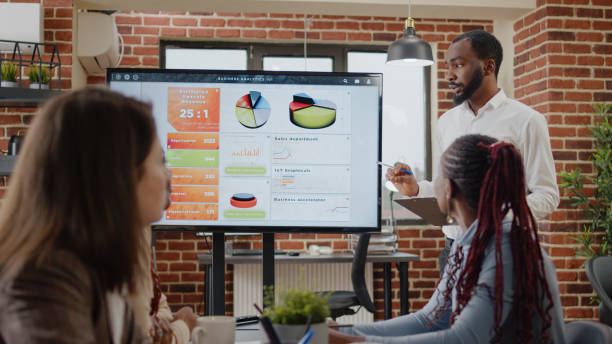 istock Company worker pointing at presentation on monitor 1463650813