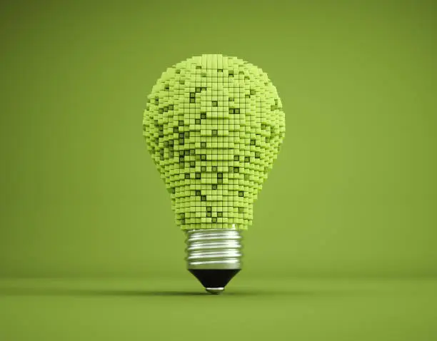 Voxel light bulb. Technological progress, digital innovation. Development concept. This is a 3d render illustration.