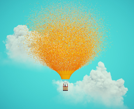 Hot-air balloon starting to disslove into pieces.The sense of fragility and instability.  This is a 3d render illustration.