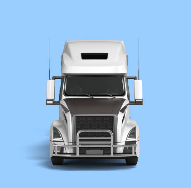 istock White semi truck with black inserts with carrying capacity of up to five tons front view 3d render on blue background 1463655797