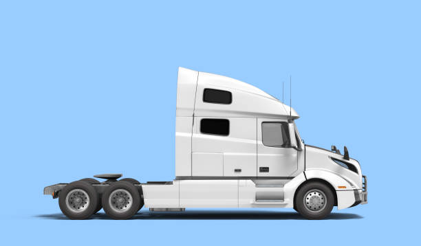 White semi truck with black inserts with carrying capacity of up to five tons side view 3d render on blue background stock photo