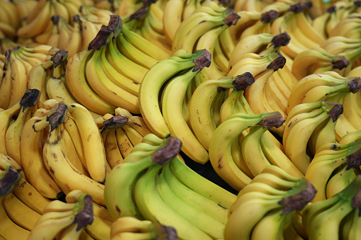 Yellow bananas on the counter. Department in a store or supermarket with fresh products. Selective focus.