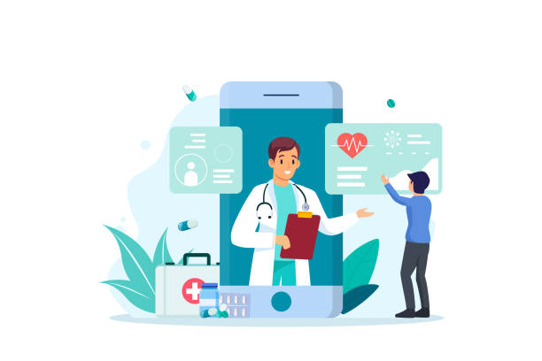 ilustrações de stock, clip art, desenhos animados e ícones de family health care and life insurance concept. doctor and patient people online medical exam. healthcare consultation telemedicine service. vector illustration - telephone doctor medical exam healthcare and medicine