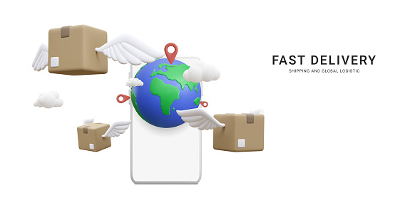 3d realistic parcels flying from mobile phone with world map. Online delivery service in cartoon style. Vector illustration.