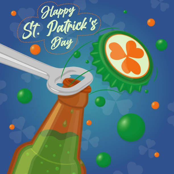 ilustrações de stock, clip art, desenhos animados e ícones de saint patricks day banner with open bottle with holiday drink - saint patricks banner green beer patrick leprechaun hat