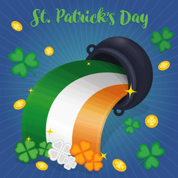 ilustrações de stock, clip art, desenhos animados e ícones de saint patricks day banner with upside down pot, coins, shamrock leaves and flag - saint patricks banner green beer patrick leprechaun hat