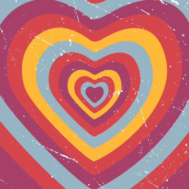 Retro background in muted warm colors forms a heart. Retro background in muted warm colors forms a heart. Hippie style design.Vector illustration. illusion pattern circle image created 1960s stock illustrations