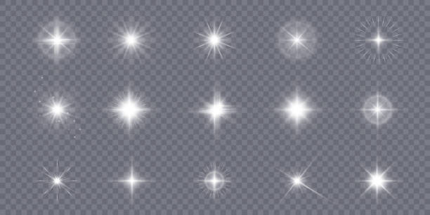 ilustraciones, imágenes clip art, dibujos animados e iconos de stock de conjunto de efectos de luz de estrellas blancas para diseño web e ilustración vectorial png de luz blanca. - shiny