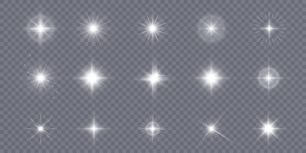 ilustrações, clipart, desenhos animados e ícones de conjunto de efeitos de luz de estrelas brancas para web design e ilustração vetorial png de luz branca. - reluzente