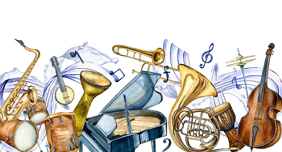 Board of jazz musical instruments and note wave watercolor illustration isolated on white. Piano, trump, drums, conga hand drawn. Design element for invitation, cards, event, jazz festival, web banner