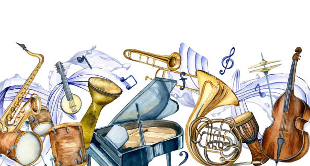 Board of jazz musical instruments and note wave watercolor illustration isolated on white. Board of jazz musical instruments and note wave watercolor illustration isolated on white. Piano, trump, drums, conga hand drawn. Design element for invitation, cards, event, jazz festival, web banner bass guitar wallpaper stock illustrations