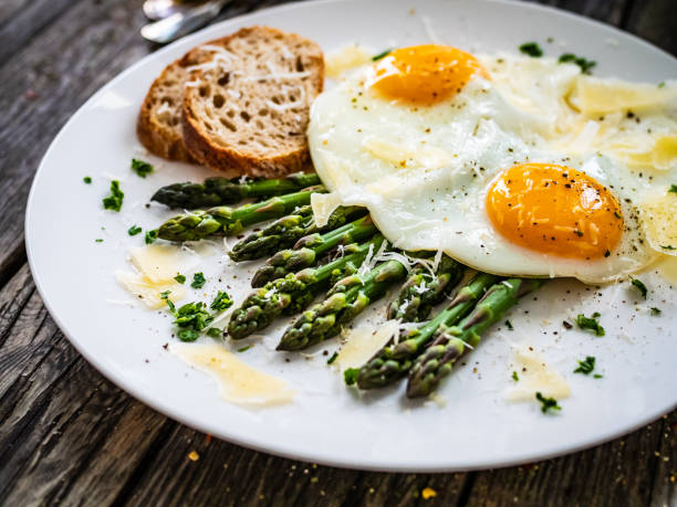 istock Sunny side up eggs with asparagus and parmesan on wooden background 1463668577