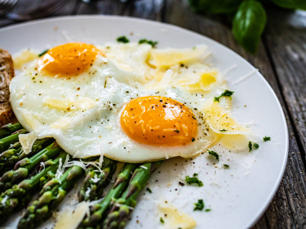 istock Sunny side up eggs with asparagus and parmesan on wooden background 1463668608