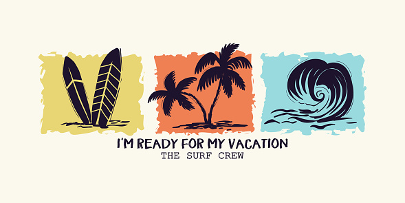 Surf team. T-shirt graphic for kids. Summer vacation fashion design. Vector artwork for fashion wear, print, poster. Isolated objects