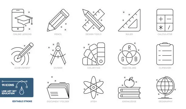 Vector illustration of Line Art Collection Of Education Icons Set - Different Vector Illustrations Isolated On White Background