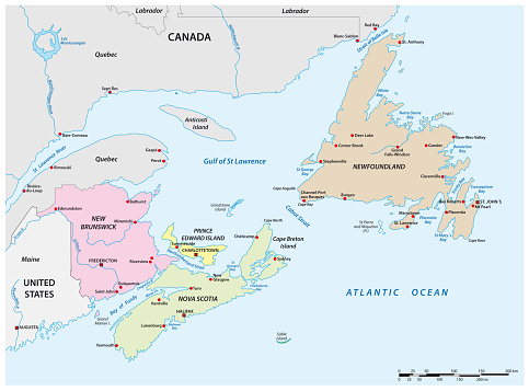 Vector map of the four Canadian maritime provinces