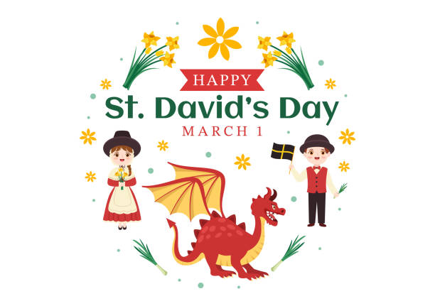 szczęśliwego dnia świętego dawida 1 marca ilustracja z walijską sukienką dla dzieci, smokami i żółtymi żonkilami w płaskiej kreskówce ręcznie rysowanej do szablonów stron docelowych - leek welsh flag flag welsh culture stock illustrations