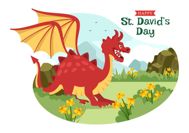 ilustraciones, imágenes clip art, dibujos animados e iconos de stock de feliz día de san david el 1 de marzo ilustración con dragones galeses y narcisos amarillos para la página de destino en plantillas planas dibujadas a mano de dibujos animados - leek welsh flag flag welsh culture