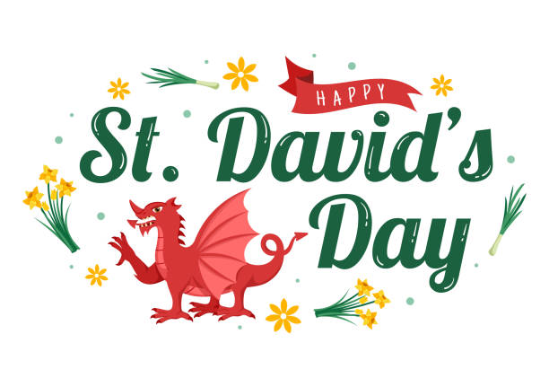 szczęśliwego dnia świętego dawida 1 marca ilustracja z walijskimi smokami i żółtymi żonkilami na stronie docelowej w płaskich ręcznie rysowanych szablonach kreskówek - welsh flag welsh culture flag green stock illustrations