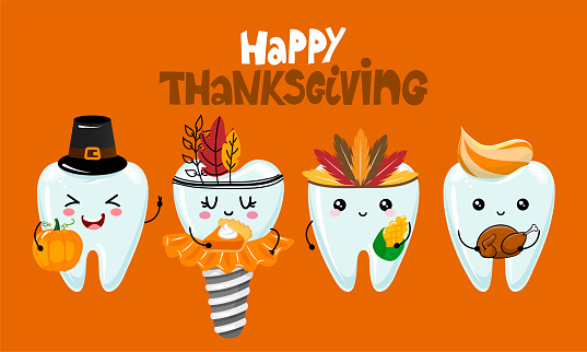 Happy Thanksgiving - Tooth family characters design in kawaii style. Hand drawn Tooth fairy with funny quote. Good for school prevention posters, greeting cards, banners, textiles.