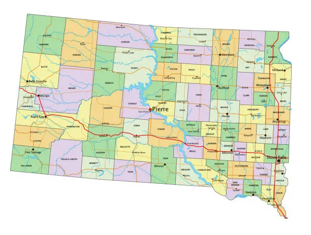 Vector illustration of South Dakota - Highly detailed editable political map with labeling.