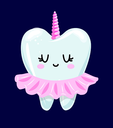 Unicorn teeth - Tooth Fairy Princess character design in kawaii style. Hand drawn Tooth fairy with funny quote. Good for school kindergarten prevention posters, greeting cards, banners, textiles.