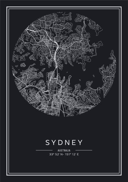 illustrations, cliparts, dessins animés et icônes de carte de la ville de sydney imprimable en noir et blanc, conception de l’affiche, illistration vectorielle. - map sydney australia sydney opera house street