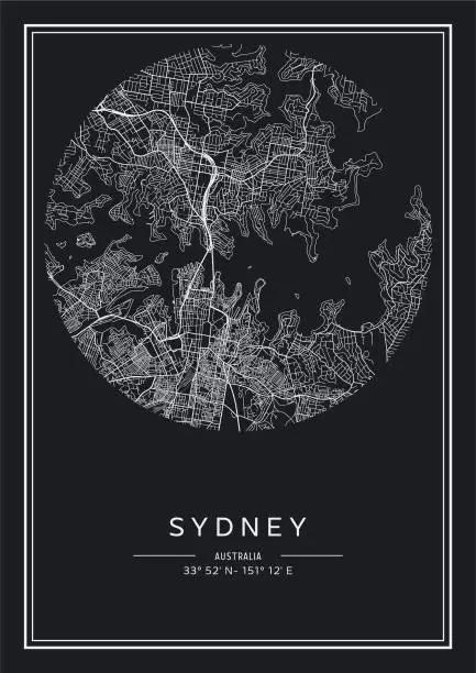 Vector illustration of Black and white printable Sydney city map, poster design, vector illistration.