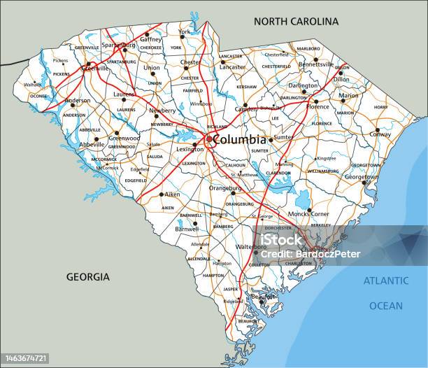 Pdrta Map Sc High Detailed South Carolina Road Map With Labeling Stock Illustration ...