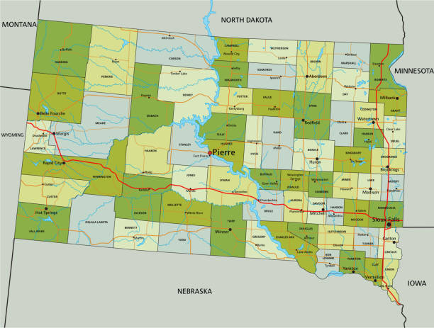 illustrations, cliparts, dessins animés et icônes de carte politique modifiable très détaillée avec des couches séparées. dakota du sud. - map dakota south dakota north