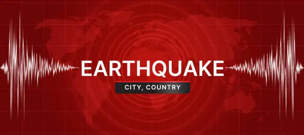 Vector illustration of Earthquake concept with Earthquake city country text between white light line Frequency seismograph waves cracked on map world with Circle Vibration texture and red dark background Vector illustration design