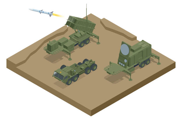 ilustraciones, imágenes clip art, dibujos animados e iconos de stock de misil tierra-aire móvil isométrico o sistema de misiles antibalísticos mim-104 patriot. sistema estadounidense de misiles tierra-aire desarrollado por raytheon para proteger objetivos estratégicos - misil tierra aire