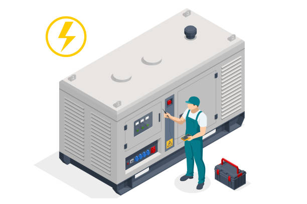 ilustrações de stock, clip art, desenhos animados e ícones de isometric service engineer repairing or adjusting diesel power generator. portable electric power-generator, industrial diesel generator. standby-generator. - gerador