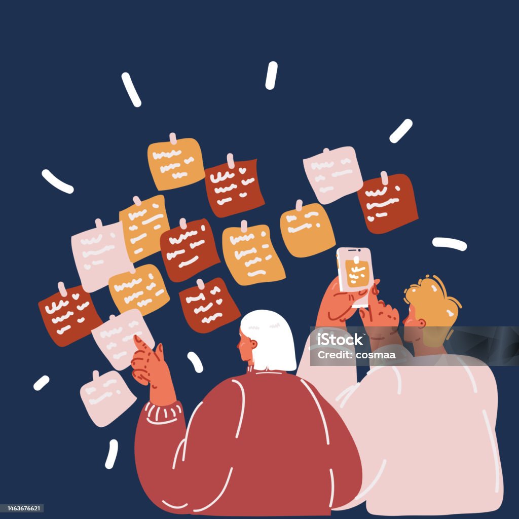 Looking Over Notes Vector Illustration Of People Look At Notes Using On The Paper Stickers ...