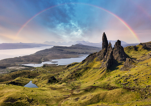 Rainbow overthe old man of storr on the Isle of skye, Scotland - UK