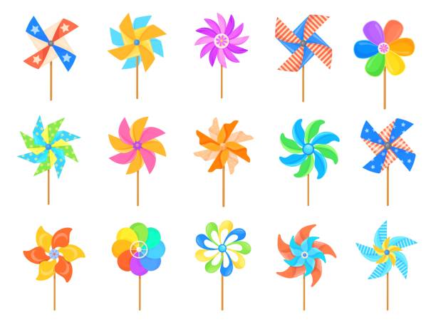 мультяшная вертушка. бумажная пропеллер детская игрушка, набор цветных ветряных мельниц детская радость ветряная мельница летняя погода, � - weather vane stock illustrations