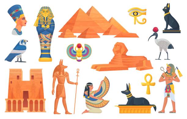 漫画のエジプトの要素。古代エジプトの彫像と神話のオブジェクト、鳥スカラベジャッカルの歴史神スフィンクスファラオ建築ゲーム用、独創的なベクターイラスト - mythical pharaoh点のイラスト素材／クリップアート素材／マンガ素材／アイコン素材