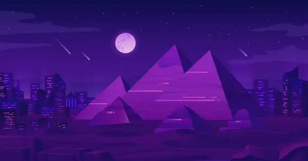 Vector illustration of Neon egypt. Night purple light of pyramid giza plateau background, cairo city futuristic landscape, egyptian architecture africa sand future