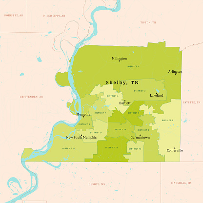 TN Shelby County Vector Map Green. All source data is in the public domain. U.S. Census Bureau Census Tiger. Used Layers: areawater, linearwater, cousub, pointlm.