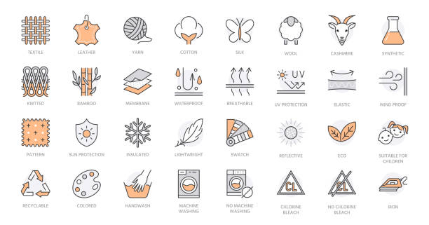 ilustrații de stoc cu fabric caracteristică linie icoane set. caracteristici ale materialului - textile, piele, bumbac, mătase, lână, fire de cașmir, ilustrație vectorială sintetică. schițați semnele despre eticheta hainelor. culoare portocalie contur editabil - industria textilă
