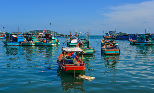 Kien Giang, Vietnam - Dec 7, 2017. Fishing boats docking at pier of Phu Quoc Island, Kien Giang, Vietnam.