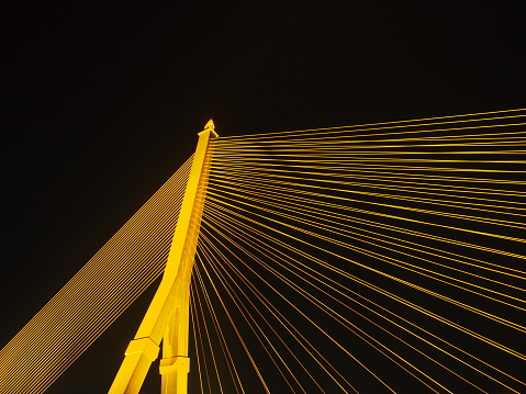 BANGKOK - High Resolution of Rama VIII Bridge Cable Light Reflection : Night scene of the Steel bridge pylon during the night in Bangkok, Thailand, under dark night sky, on February 5, 2023.