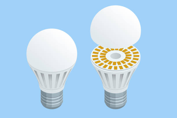 illustrations, cliparts, dessins animés et icônes de ampoule led ventilée isométrique à économie d’énergie. tapez e27. ampoule led économie d’énergie blanc - ampoule à basse consommation