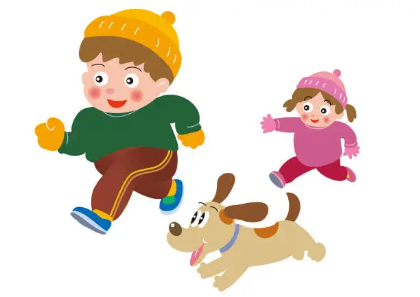 Vector illustration of Children jogging with their pets