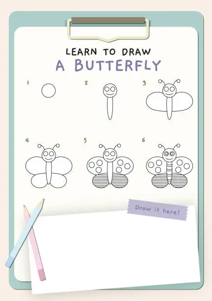 Vector illustration of How to draw a butterfly worksheet for kids stock illustration