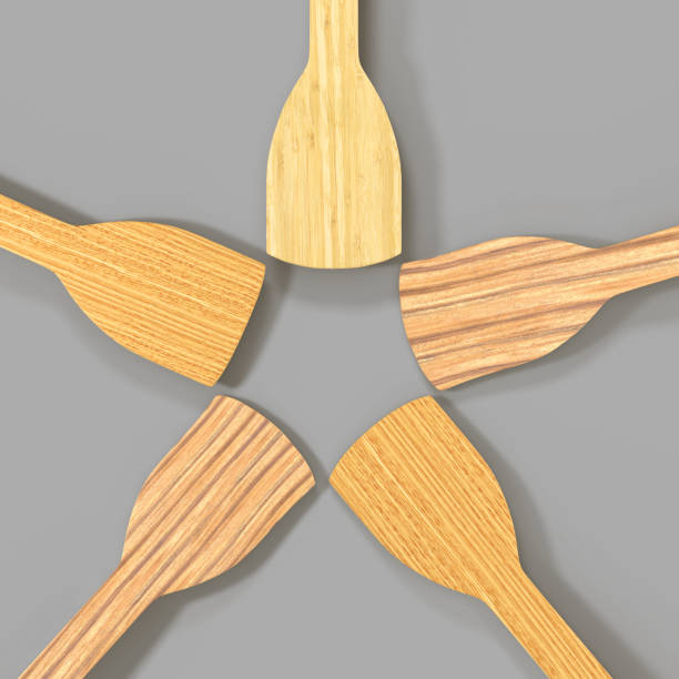 istock Wooden kitchen spatulas for cooking food isolated on gray background 3d render. Realistic set of empty natural bamboo culinary tools, wood kitchenware, utensil for home or restaurant 1463682103