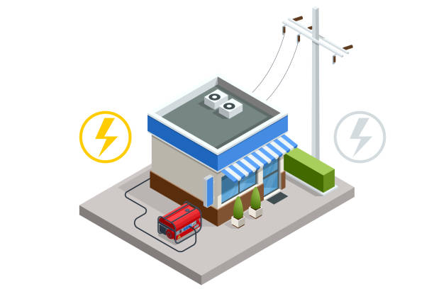 ilustrações de stock, clip art, desenhos animados e ícones de isometric small portable gasoline electric generator outside a store. industrial and home immovable power generator - immovable