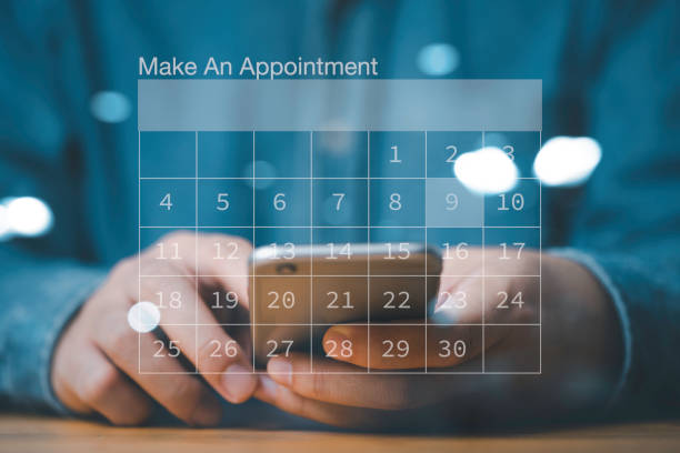 istock Businessman using smartphone to reserve business schedule plan on virtual screen calendar , Project management concept. 1463682433