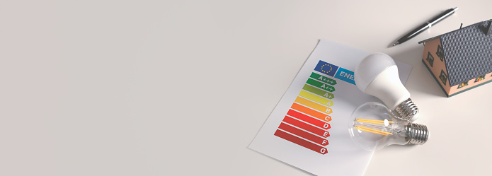 Energy rating chart with light bulbs. Energy efficiency concept. New EU energy label, 2021 classification
