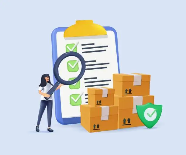 Vector illustration of 3D safe delivery business concept. Logistics, woman looking through magnifying glass at checklist and boxes. Product quality control inspection or test procedure focused. 3D render vector illustration